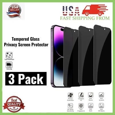 3 Pack Privacy Glass Screen Protector for iPhone 7 8 X XR 12 13 14 15 16 Pro Max - Image 1 of 4