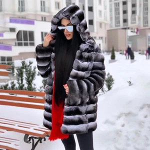 Women Chinchilla Color Coat Hooded Real Rex Rabbit Fur Jacket Overcoat Outwear - Picture 1 of 8