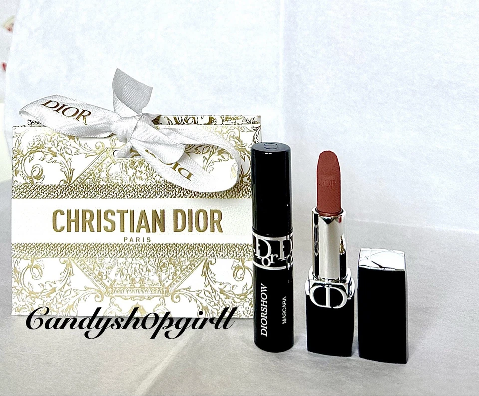NUEVO 3 PIEZAS DIOR Rouge Dior Lápiz Labial 100 ASPECTO DESNUDO/Diorshow Máscara y Bolsa de Regalo Dior Foto 1 de 4