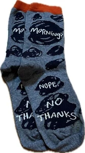 Blue Q Funny Novelty Crew Socks, Gray/Red with "Morning Nope No Thanks" Text - Picture 1 of 1