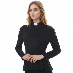 Women's Clergy Shirt Ruffle Hem Ministers Blouse Priest Lady Peplum Tops Elegant - Picture 1 of 36