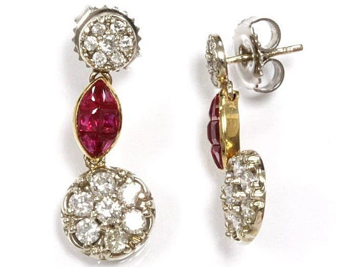 1.5 ctw Natural Red Ruby & Diamond 14k Yellow Gold Flower Dangle Earrings 25 MM - Image 1 of 1