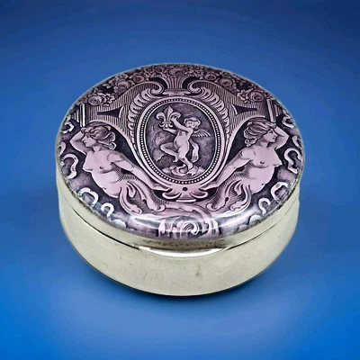 Antiguo/Vintage Estuche de Baratija Esmalte Guilloche Plata Esterlina Tapé/Caja de Píldoras Foto 1 de 4