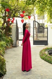 Red Ao Dai Vietnamese Gam Long Dress with Pants - Picture 1 of 1