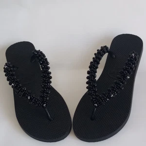 Black Flip Flops Summer Sandals For Women HandMade Beach Shoe Comfortable - Picture 1 of 8