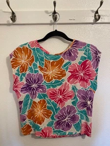 VTG Melrose Womens size S Sleeveless Bright floral loose fit crop Flax blouse - Picture 1 of 2