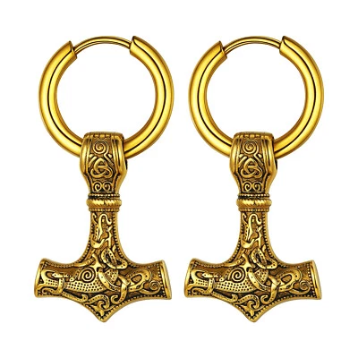 Pendientes colgantes Vikingos Mjolnir Thor's Hammer Huggie de aro de acero inoxidable 316L 2 piezas Foto 1 de 4