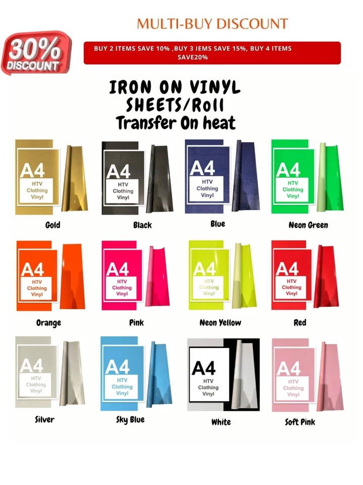 A4 A5 Hot Flex Iron On Heat Transfer HTV IRON ON /Roll 12 Colour T-Shirt Sticker - Image 1 of 1