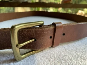 Vintage Belt Mens 42 Genuine Cowhide Leather Bourbon Brown Chunky Brass Buckle - Picture 1 of 12