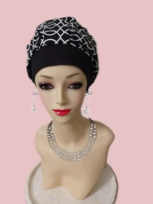 Turban hat Cap Chemo Cancer Turban 100% Cotton  Black/White - Image 1 of 4