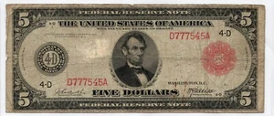 1914 - Federal Reserve - $5 Five Dollars Note - Red Seal - Imagen 1 de 2