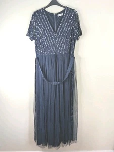 Maya Deluxe Embellished Maxi Dress UK 16 Navy Blue Sash Belt Sequins Wedding - Picture 1 of 13