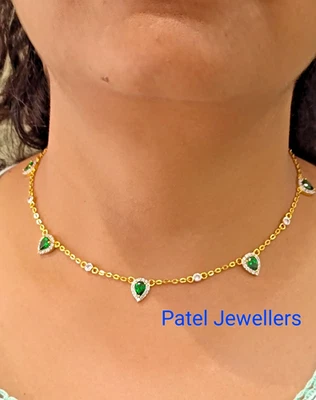 3.5Ct Birne Simulierte Smaragd & Diamant Halsband 45.7cm 14K Gelbgold - Bild 1 von 4