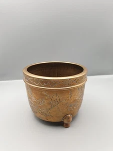 Antik chinesische asiatische Messing-Schale auf drei Füßen gravierte Vogel Blüte - Bild 1 von 13