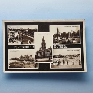 Portsmouth Southsea Postcard 1928 Real Photo Hants Canoe Lake Victoria Pk Views - Picture 1 of 2