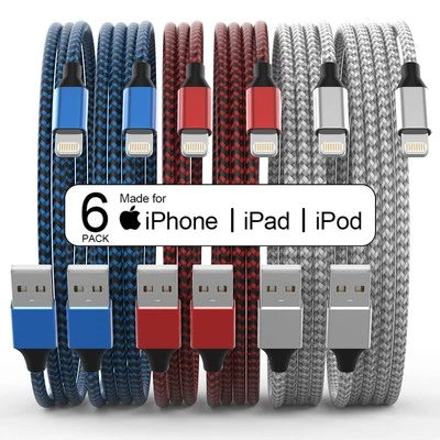 [Apple MFi Certified] 6Pack 3/3/6/6/6/10 FT iPhone Charger Nylon Braided Fast... - Image 1 of 4