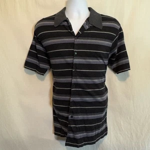 H-148 Men's Perry Ellis Black Purple & Cream Stripe Button Down Shirt Size M - Picture 1 of 16