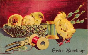 Postcard: Easter Greetings, Chicks and Sewing Basket, DB 1909 - Picture 1 of 2
