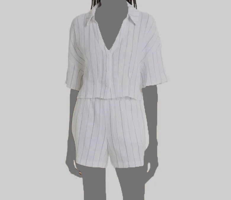 Monrow Women's White Pinstripe Collared V-Neck Button-Up Top Size L