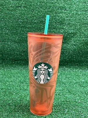 Starbucks Tumbler Orange Swirl Cup With Green Straw 24oz NEW - Image 1 of 4