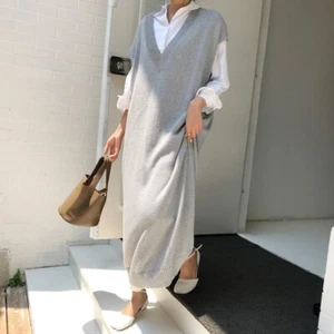 Damen Gestrickte Weste Strickjacke Pullover Tanktop Lang Locker Weit Oversize - Bild 1 von 9