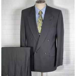 Evan Picone Suit Men 40L Gray Pinstripe Double Breasted VTG ACTWU Union USA - Picture 1 of 20