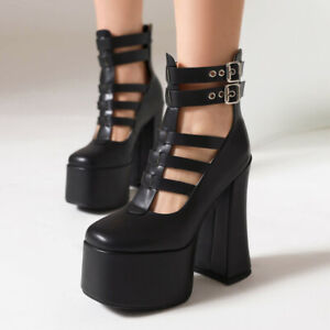 Women's 2023 Chic Patent Cutout T Strap Platform Block Heel Gladiator Shoes QOAG