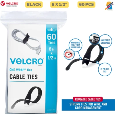 VELCRO 60pk Bridas de Cable de Alta Resistencia 8" Reutilizables Correas de UNA ENVOLTURA Organizador Negro Foto 1 de 4