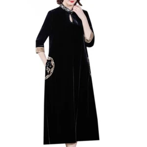 Lady Formal Velvet Dress Embroidery Midi Retro Black Ethnic Casual Loose Dress - Picture 1 of 13