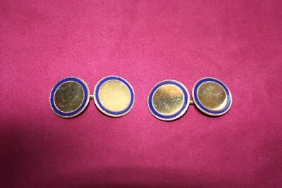 Gemelos redondos elegantes de oro amarillo de 14 quilates con esmalte azul para hombre de 6,6 gramos Foto 1 de 4