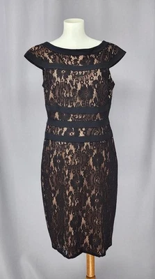 Adrianna Papell Dress Womens 8 Black Lace Sheath Cocktail Lined Cap Sleeve - Image 1 of 4