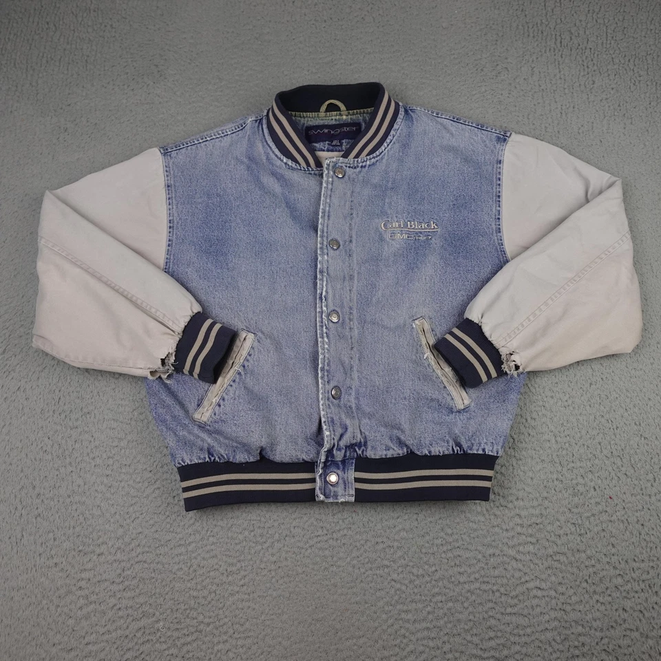 Jaqueta jeans vintage Swingster masculina XL GMC caminhão Varsity bombardeiro anos 90 Thrashed - Imagem 1 de 4