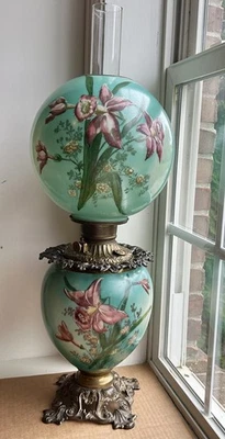 Antique Fostoria GWTW Oil Lamp Teal HP Glass w/ Flowers, Gorgeous - Image 1 of 4