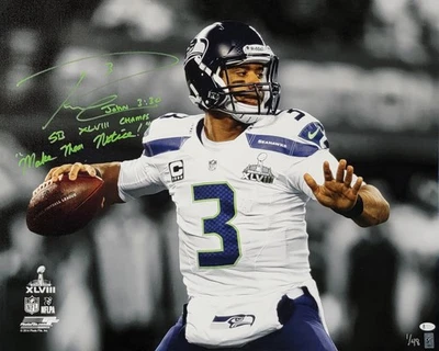 Russell Wilson Signed Framed 24x30 Canvas Photo Seahawks SB XLVIII Notice 1/48 - Image 1 of 4