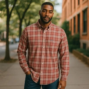 Camisa CHAPS Grande Manga Larga Roja Tostada Cuadros Bolsillo con Botones 100% Algodón - Imagen 1 de 6