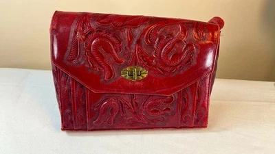 Cartera vintage de cuero rojo sangre de buey estilo Taxco clásica BoHo Chic Foto 1 de 4