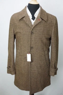 Isaia Napoli Brown Black Woven Herringbone Wool Overcoat Sz 38R BRAND NEW - Image 1 of 4