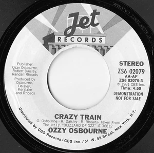 Ozzy Osbourne Crazy Train Rare Stereo Promo Copy Jet Records NM 45 - Bild 1 von 3