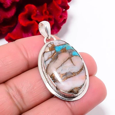 Copper Pink Opal Kingman Blue Turquoise 925 Sterling Silver Pendant 1.76" P10209 - Image 1 of 4