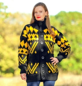 Black cardigan yellow Norwegian thick Nordic hand knitted wool jacket SuperTanya - Picture 1 of 6