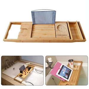 Bamboo Bath Tray Table Bathtub Caddy Tray Over the Tub Shelf Bath Holder Desk US - Picture 1 of 15