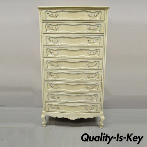 Vintage French Provincial Cream Blue Paint Tall Narrow Custom 65" Chest Dresser Cover