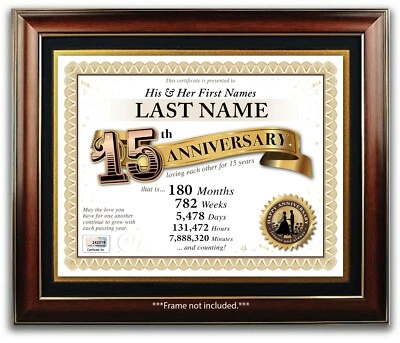 CERTIFICADO PERSONALIZADO FELIZ 15 ANIVERSARIO BODA - 15 AÑOS REGALO PRESENTE Foto 1 de 2