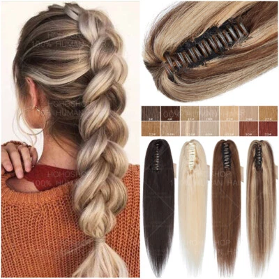 THICK 100% Remy Human Hair Claw Ponytail Wrap Clip In Extensions Balayage Braid - Image 1 of 4