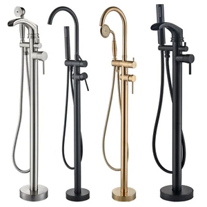 Floor Mount Free Standing Brass Bathtub Faucet Waterfall Tub Filler Hand Shower - Picture 1 of 124