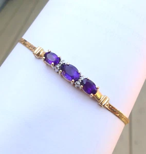 Vintage 14k yellow gold bracelet with amethyst & diamond 4.2g '80s 7" purple - Picture 1 of 16