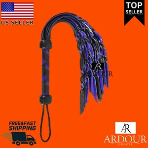 Real Genuine Cow Hide Leather Flogger 9 Braided Falls Black & Blue Heavy Duty - Picture 1 of 4