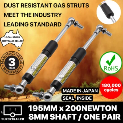2x gas struts 195mm 200n (8mm shaft) camper trailer caravan canopy toolbox - image 1 of 4