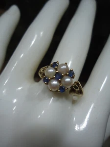 White Pearl & Sapphire Stunning Vintage 9K Gold Victorian Deco Daisy Ring Size P - Picture 1 of 7