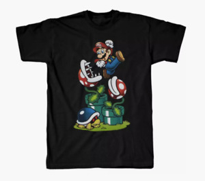 Super Mario Mens T-Shirt Medium Guys Top Shirt Black Mario Piranha Plant
